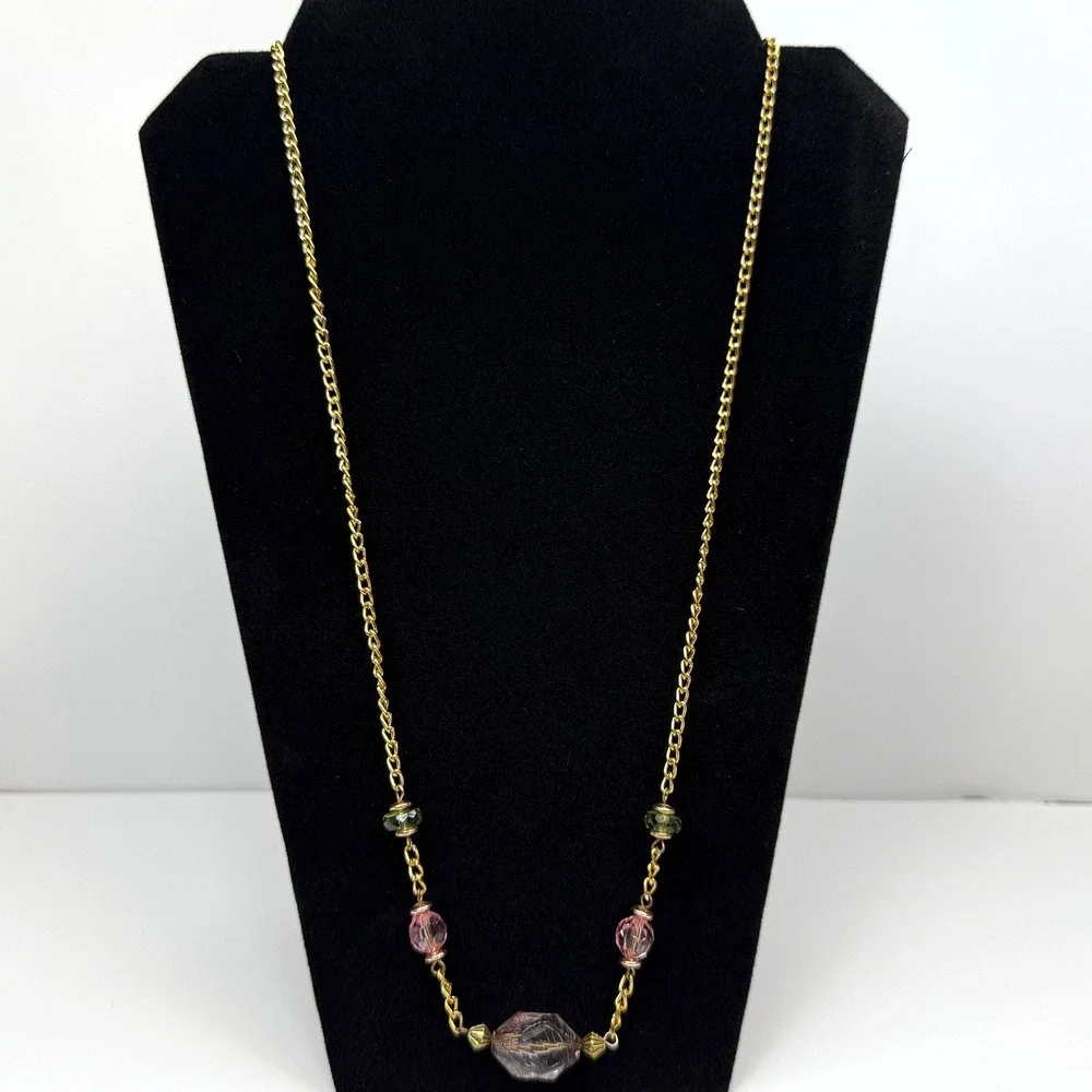 Long Gold Tone Colorful Faceted Acrylic Beads Chain Necklace Fashion Jewelry